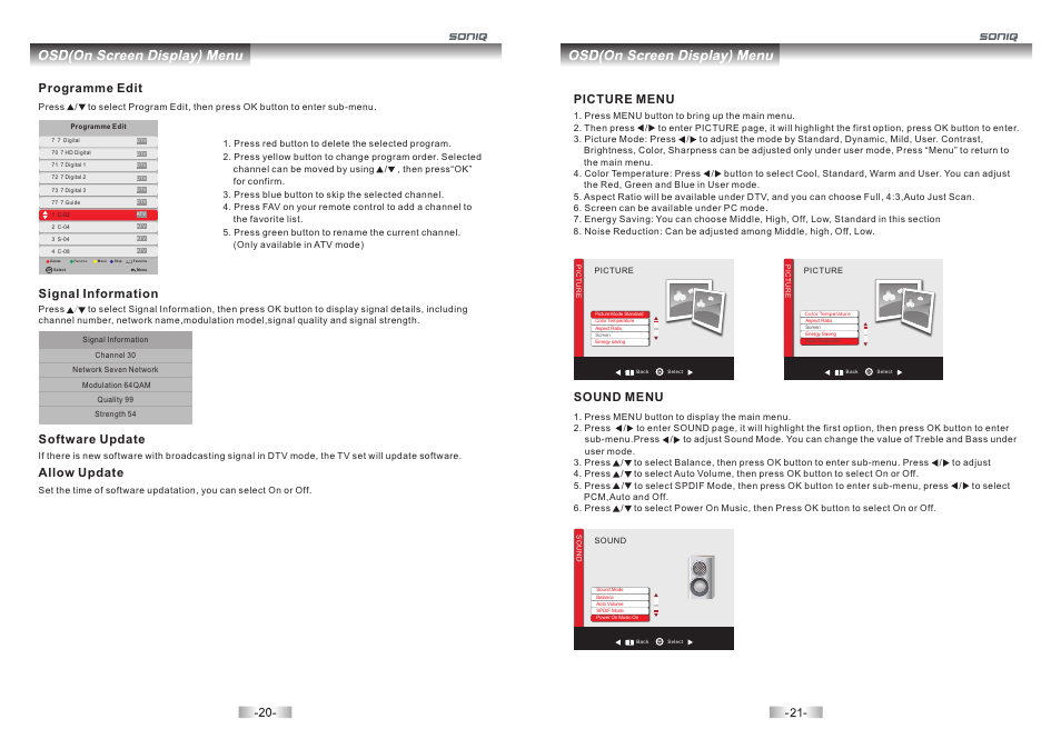 Picture menu sound menu, Programme edit, Signal information | Software update, Allow update | SONIQ L60U11A-AU User Manual | Page 12 / 26