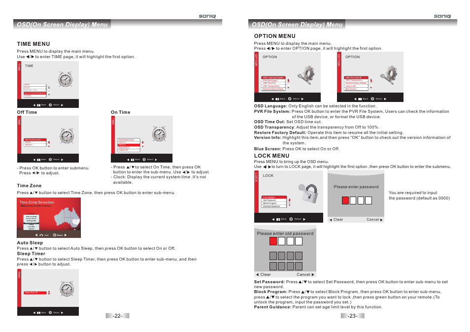 Option menu, Lock menu, Time menu | Off time, On time, Time zone, Auto sleep, Sleep timer | SONIQ L60U11A-AU User Manual | Page 13 / 26