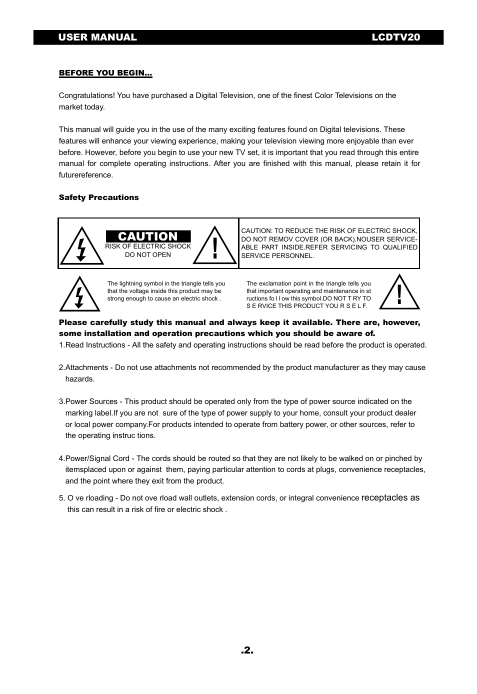 Caution | SONIQ LCDTV20 User Manual | Page 3 / 13