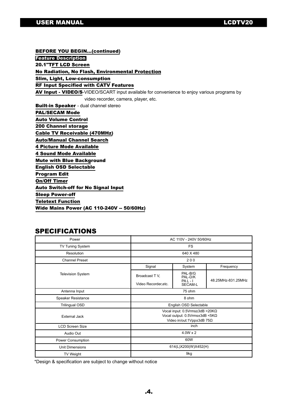 Specifications, Lcdtv20 .4, User manual | SONIQ LCDTV20 User Manual | Page 5 / 13