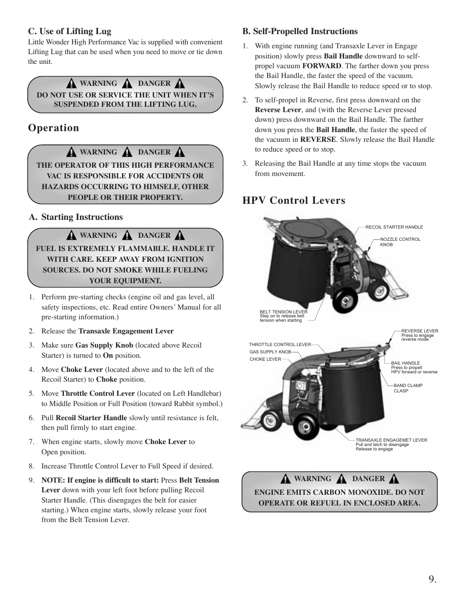 Operation, Hpv control levers, A. starting instructions | B. self-propelled instructions, C. use of lifting lug | Briggs & Stratton 5631 User Manual | Page 10 / 19