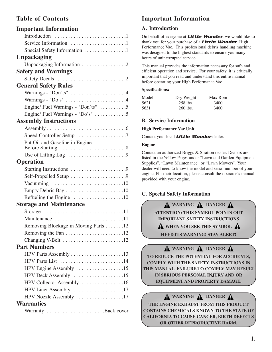 Table of contents important information, Important information, Unpackaging | Safety and warnings, General safety rules, Assembly instructions, Operation, Storage and maintenance, Part numbers, Warranties | Briggs & Stratton 5631 User Manual | Page 2 / 19