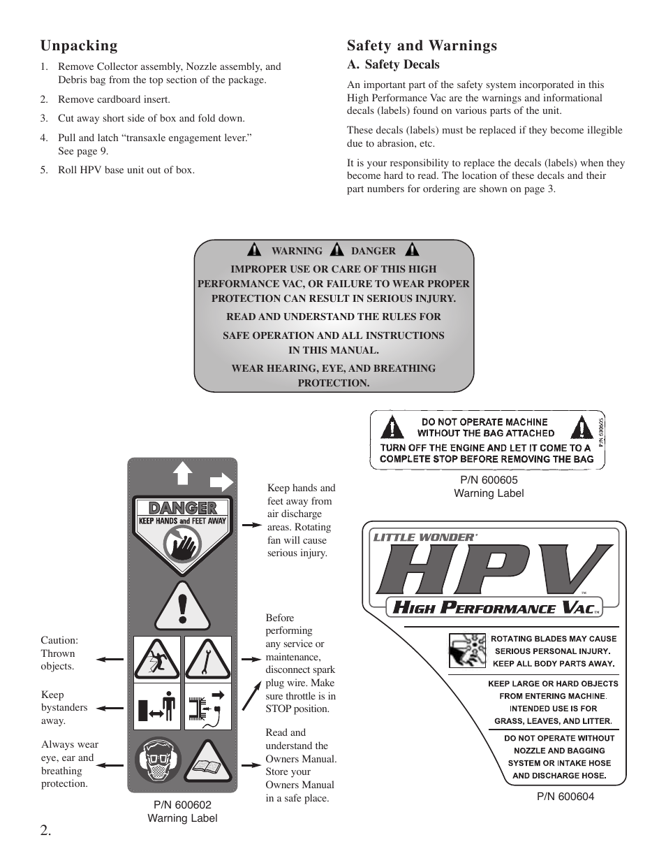 Unpacking, Safety and warnings | Briggs & Stratton 5631 User Manual | Page 3 / 19