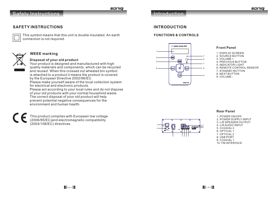 Safety instructions introduction, Safety instructions, Introduction | Weee marking | SONIQ MB10 User Manual | Page 3 / 7