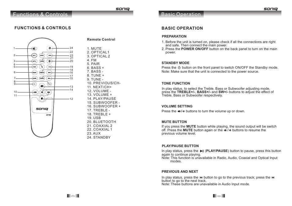 Functions & controls, Basic operation | SONIQ MB10 User Manual | Page 4 / 7