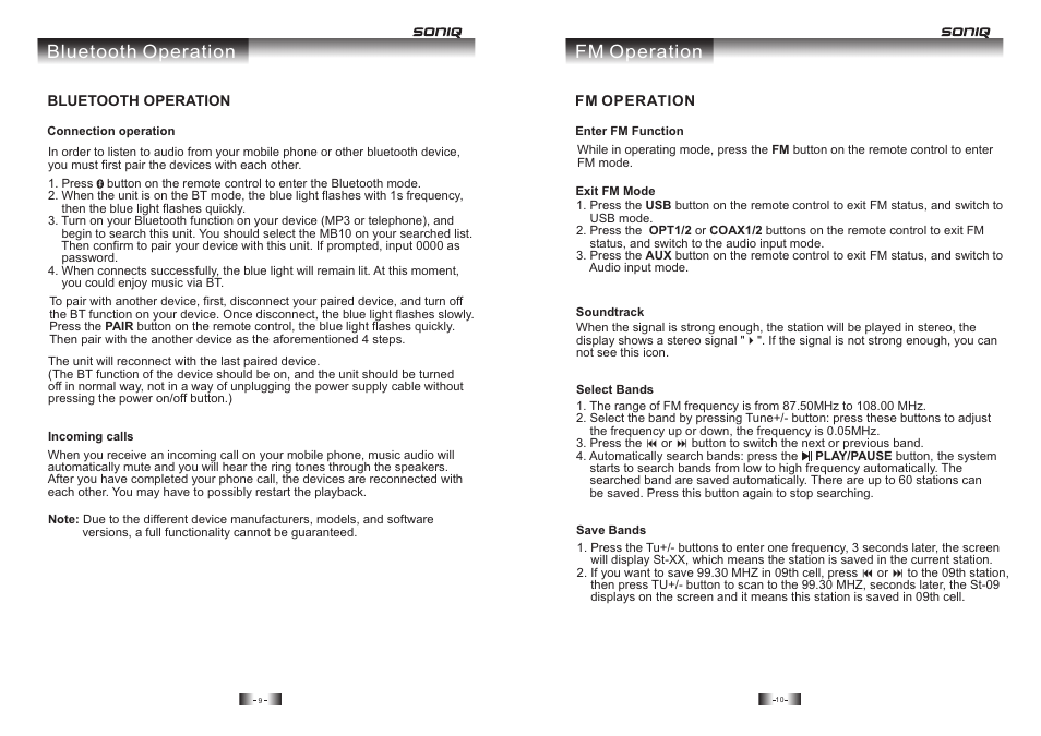 Bluetooth operation, Fm operation | SONIQ MB10 User Manual | Page 6 / 7