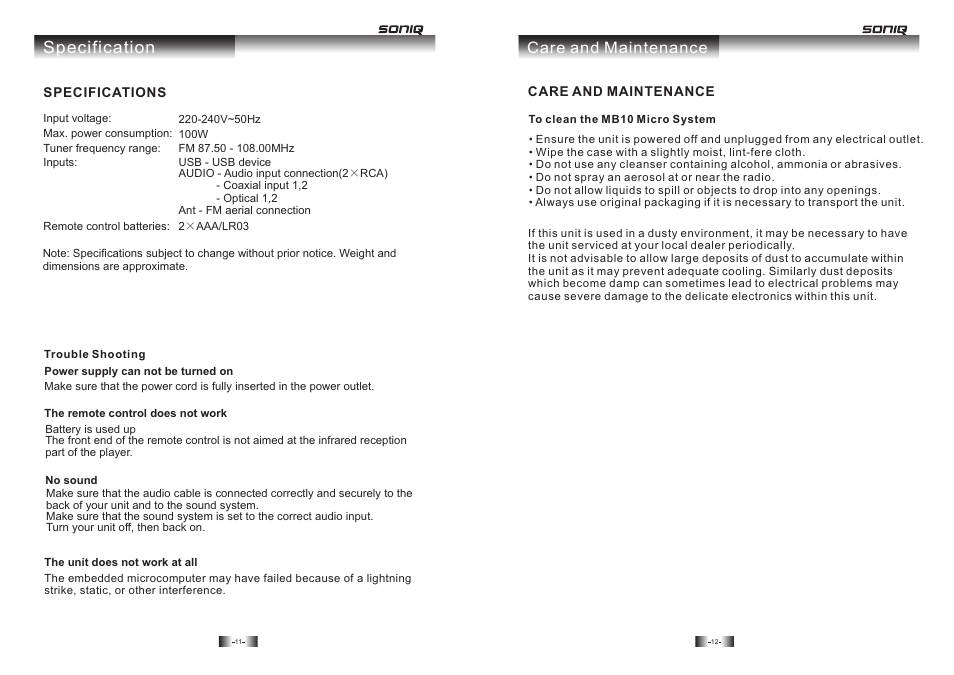 Specification, Care and maintenance | SONIQ MB10 User Manual | Page 7 / 7
