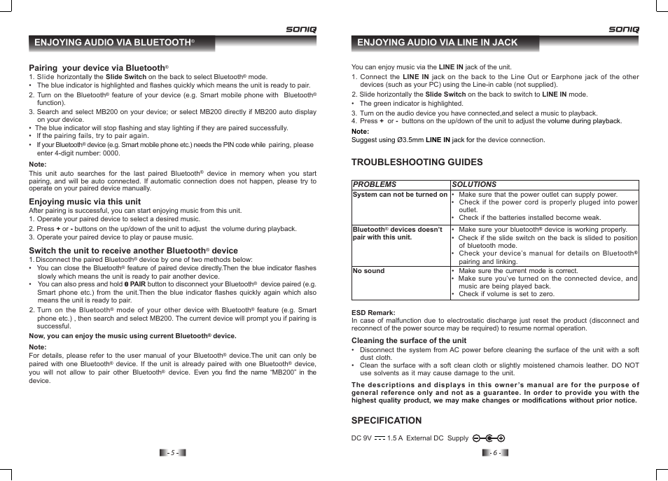 Troubleshooting guides specification, Enjoying audio via line in jack, Enjoying audio via bluetooth | SONIQ MB200 User Manual | Page 4 / 4