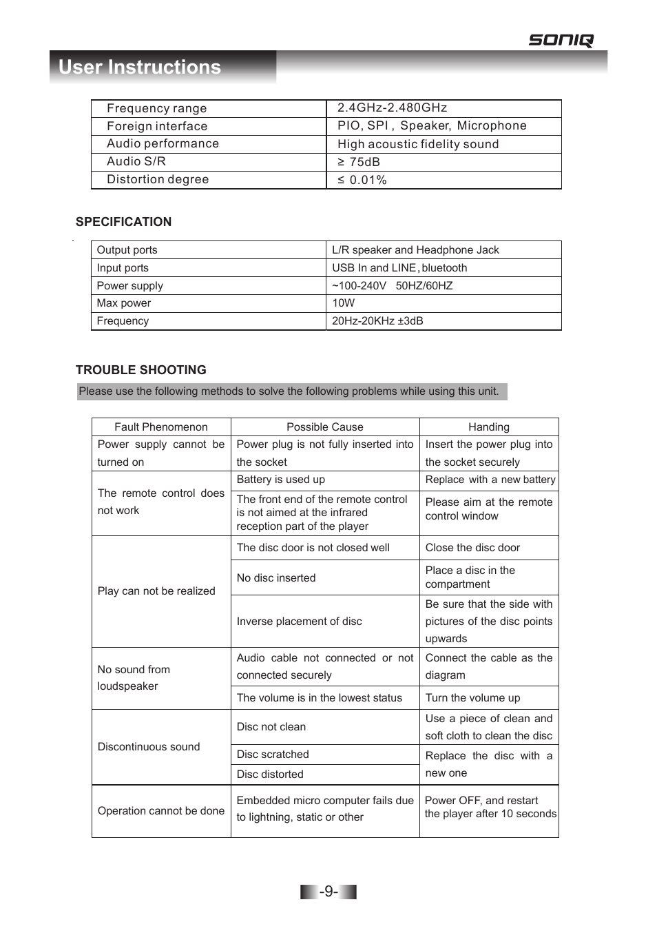 Majestic 2336 english im 11, User instructions | SONIQ MB300 User Manual | Page 10 / 11