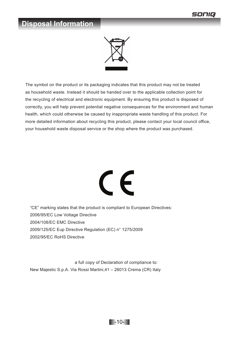 Majestic 2336 english im 12, Disposal information | SONIQ MB300 User Manual | Page 11 / 11