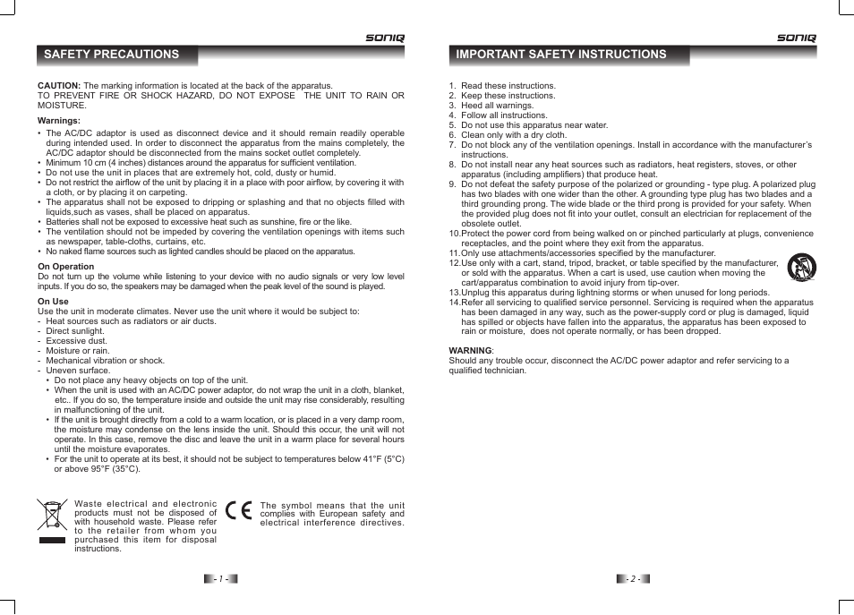 Safety precautions, Important safety instructions | SONIQ MB301 User Manual | Page 2 / 4