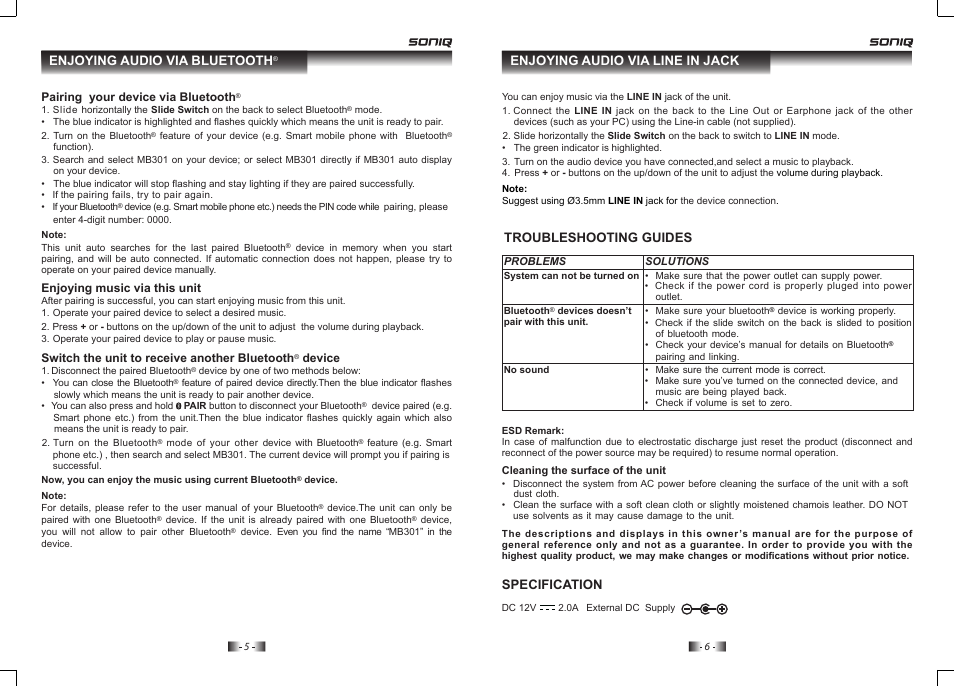 Troubleshooting guides specification, Enjoying audio via line in jack, Enjoying audio via bluetooth | SONIQ MB301 User Manual | Page 4 / 4