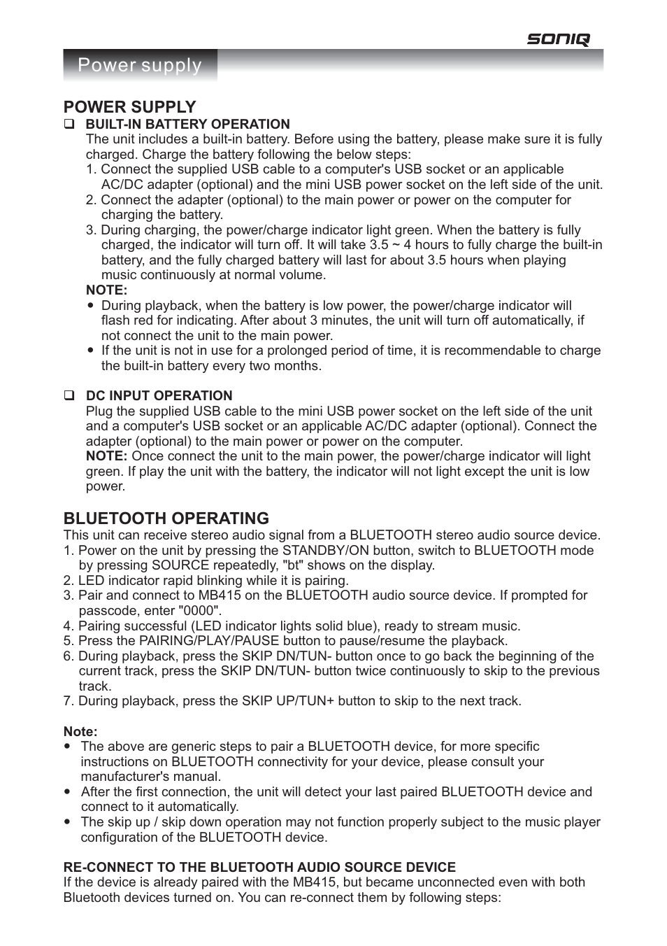 Power supply, Bluetooth operating | SONIQ MB415 User Manual | Page 4 / 7