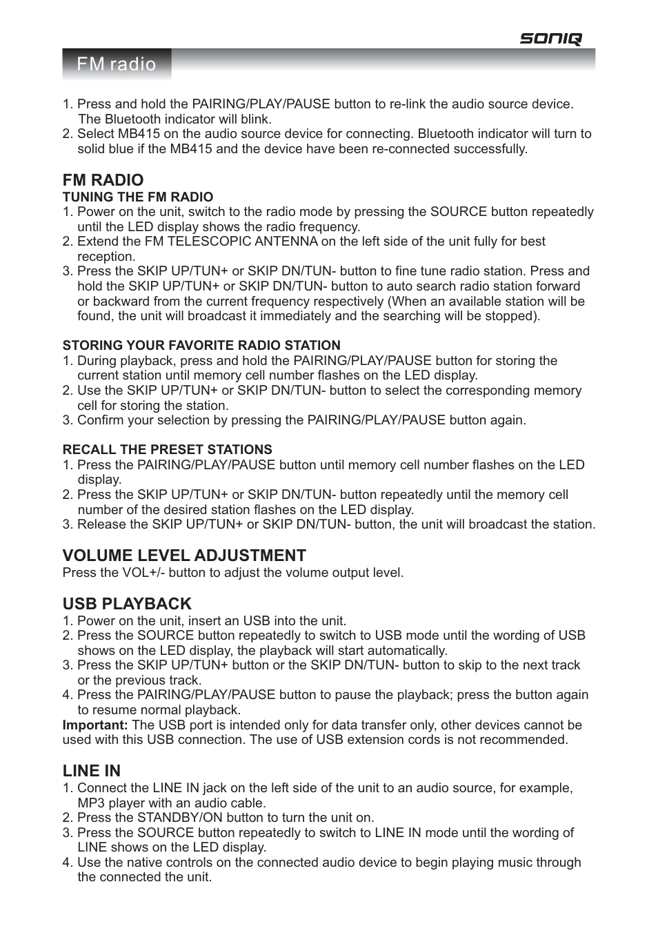 Fm radio | SONIQ MB415 User Manual | Page 5 / 7