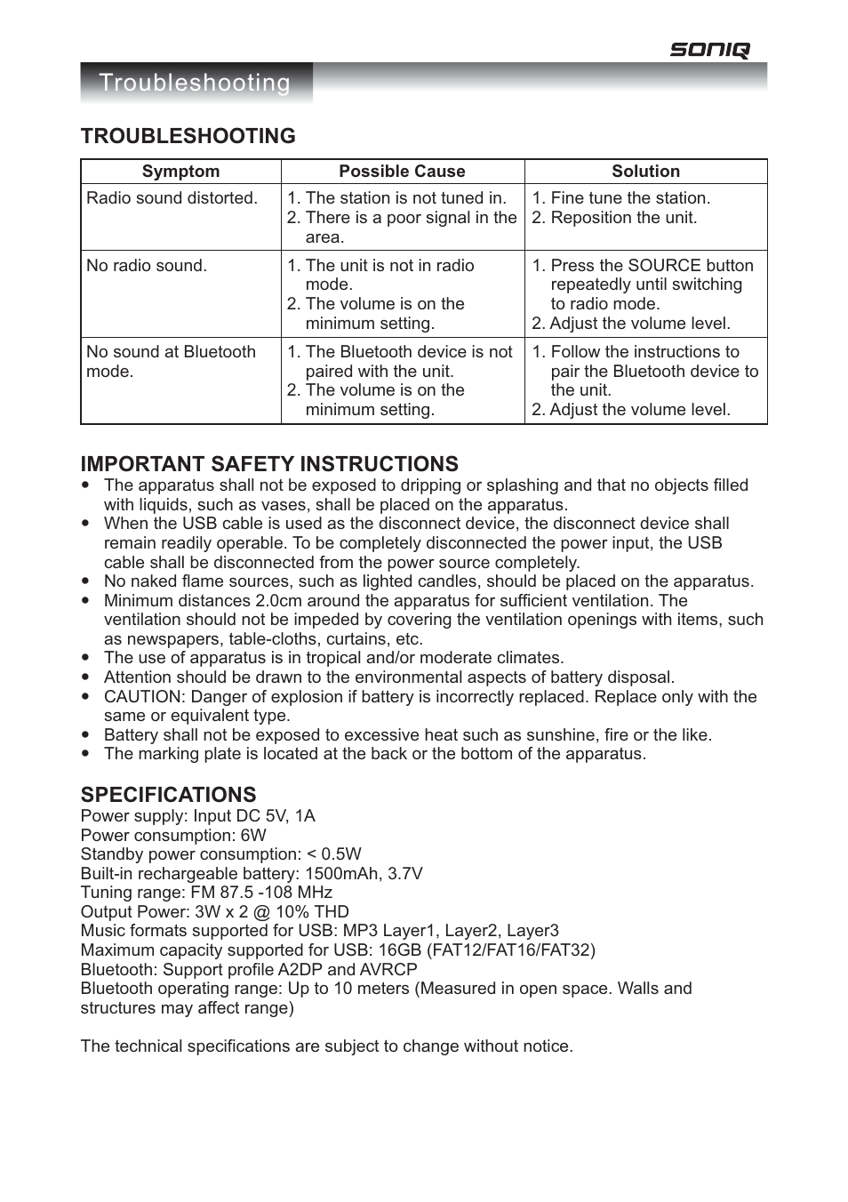 Troubleshooting, Important safety instructions specifications | SONIQ MB415 User Manual | Page 6 / 7