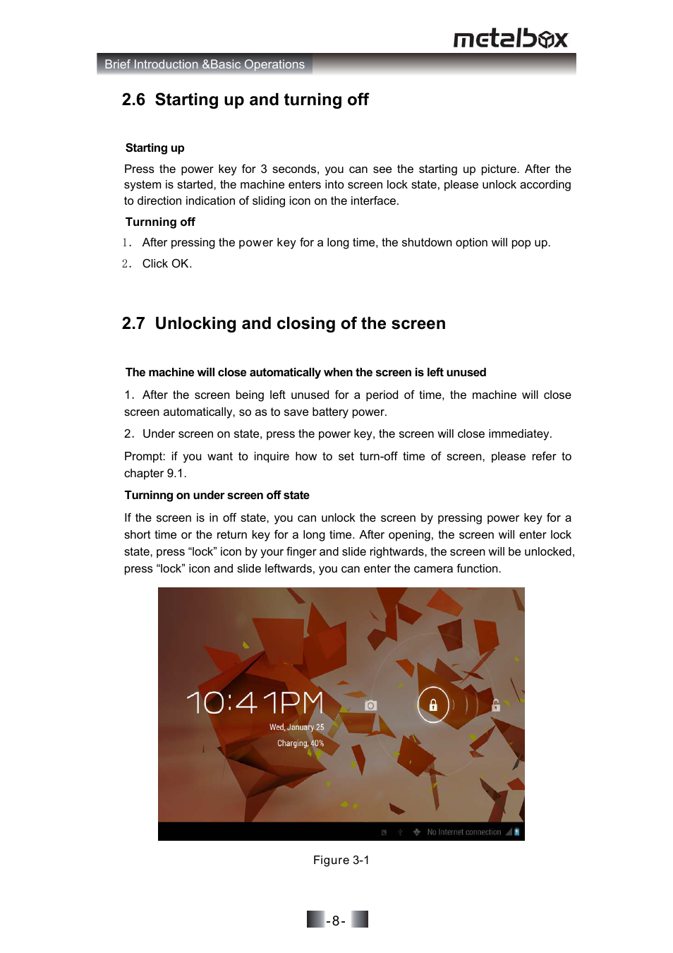 6 starting up and turning off, 7 unlocking and closing of the screen | SONIQ MP10 User Manual | Page 11 / 47