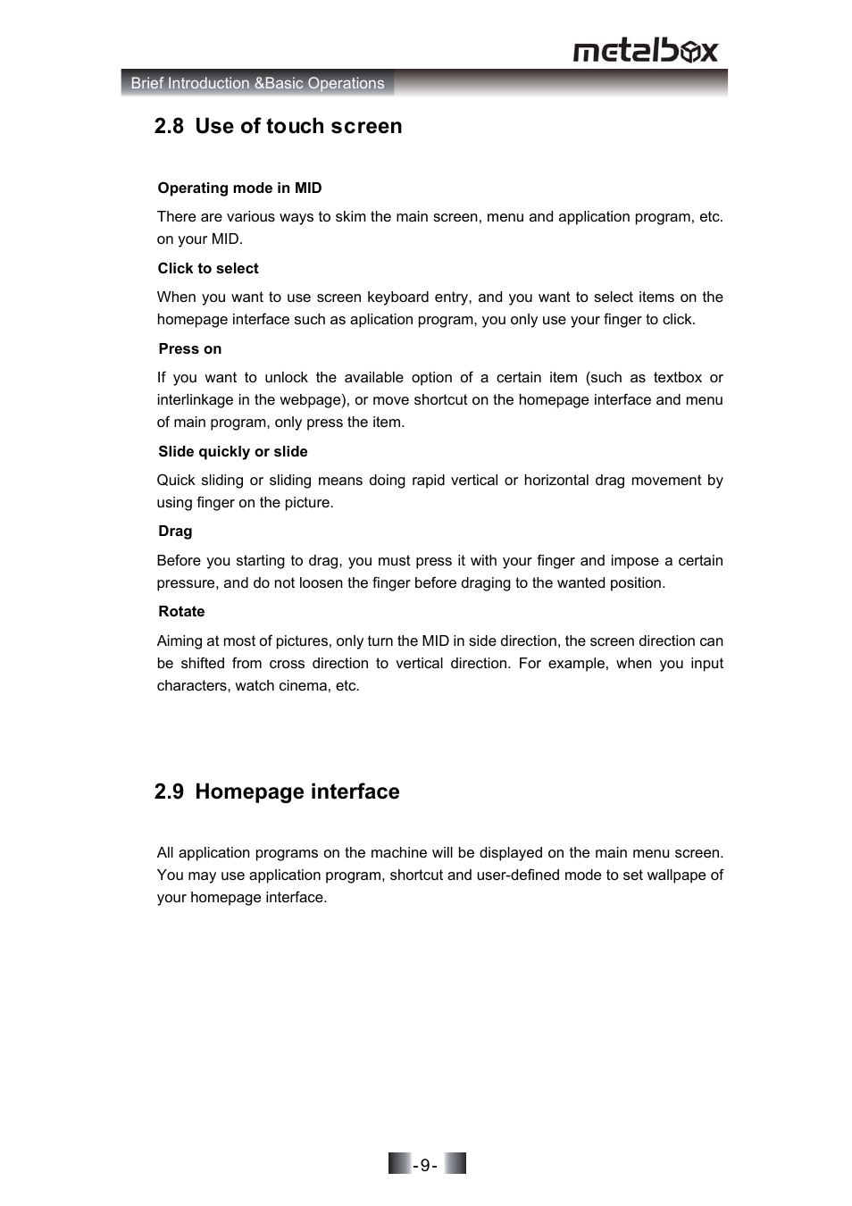 8 use of touch screen, 8 use of touch scr n ee, 9 homepage interface | SONIQ MP10 User Manual | Page 12 / 47