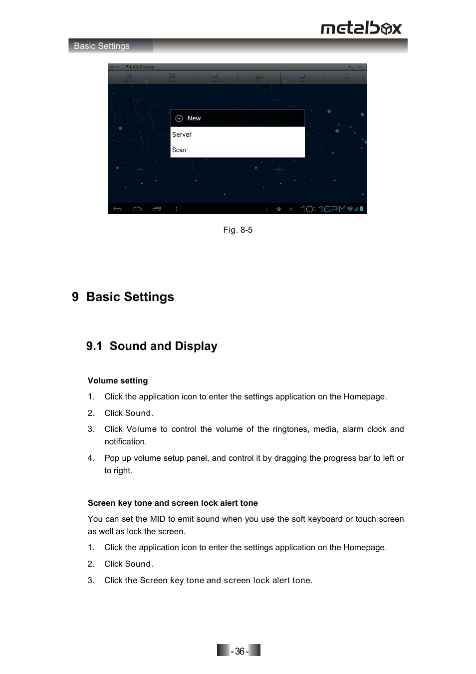 9 basic settings, 1 sound and display, 5 5.5 media browser | SONIQ MP10 User Manual | Page 39 / 47