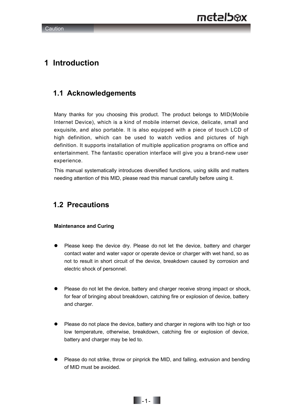 1 introduction, 1 acknowledgements, 2 precautions | SONIQ MP10 User Manual | Page 4 / 47