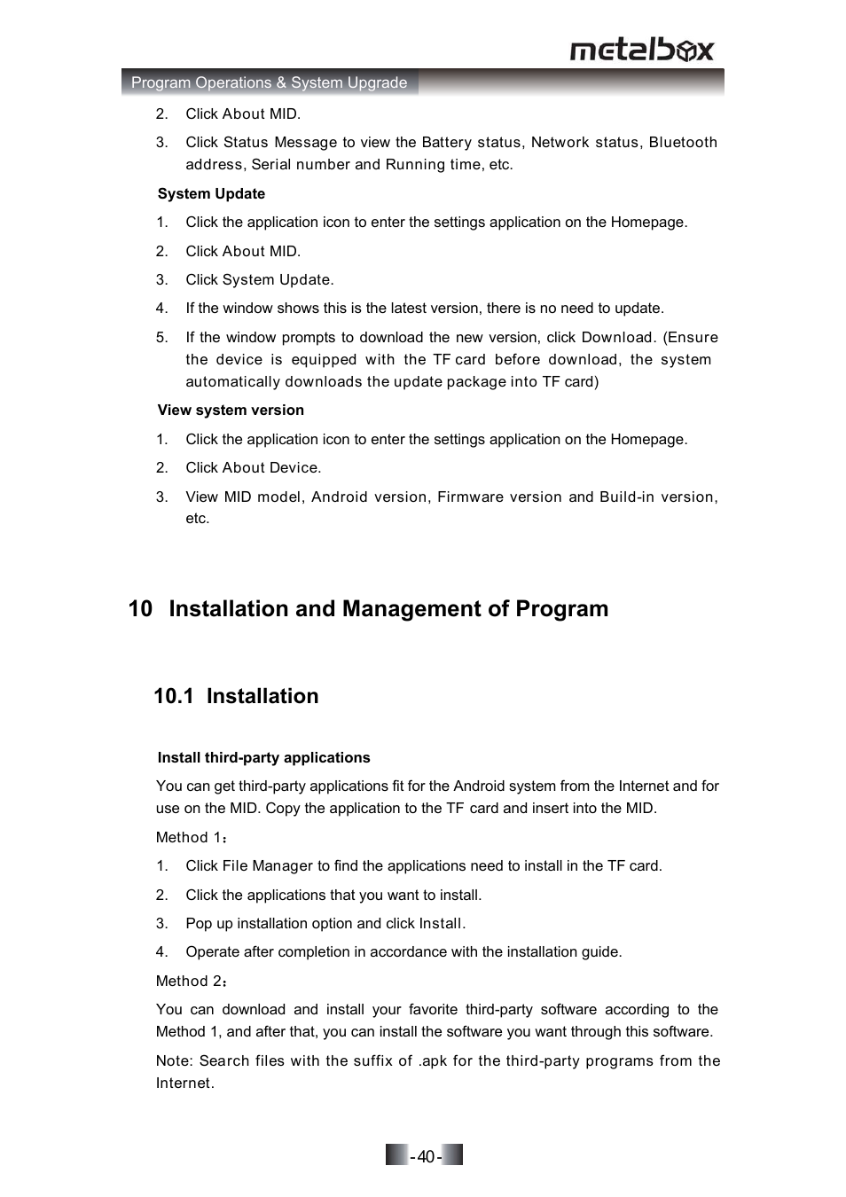 10 installation and management of program, 1 installation, 2 calculator 8.3 file management | SONIQ MP10 User Manual | Page 43 / 47