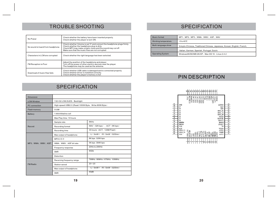 Trouble shooting, Pin description, Specification | SONIQ MP5 User Manual | Page 11 / 11