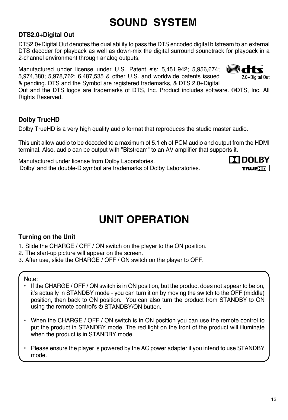 Sound system unit operation | SONIQ PB100 User Manual | Page 13 / 24