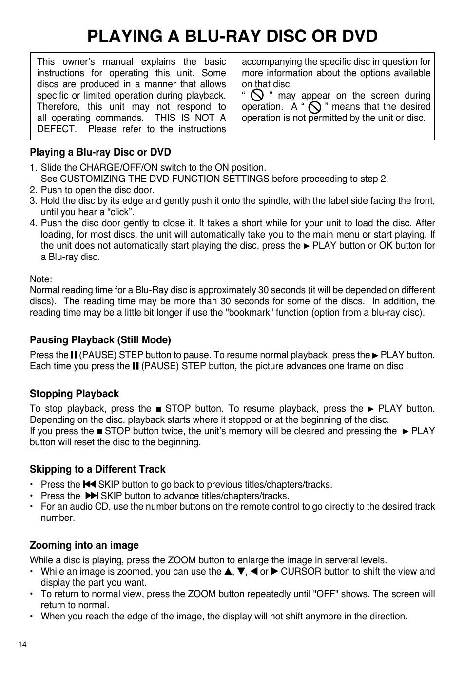 Playing a blu-ray disc or dvd | SONIQ PB100 User Manual | Page 14 / 24