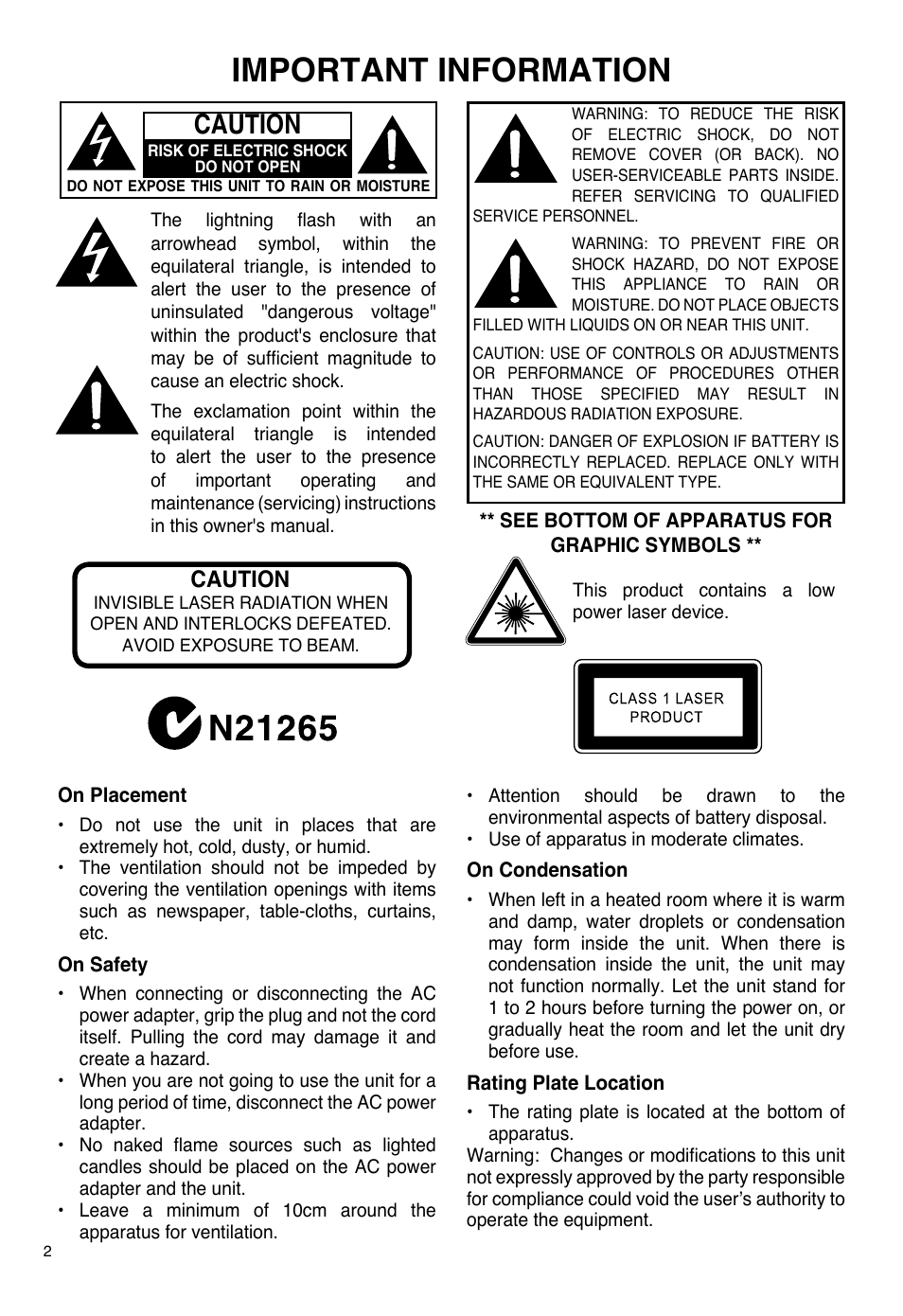 Important information, Caution | SONIQ PB100 User Manual | Page 2 / 24