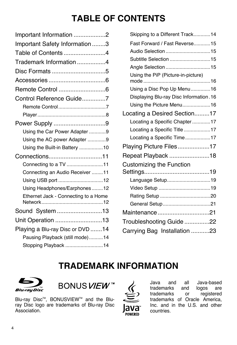 Table of contents trademark information | SONIQ PB100 User Manual | Page 4 / 24