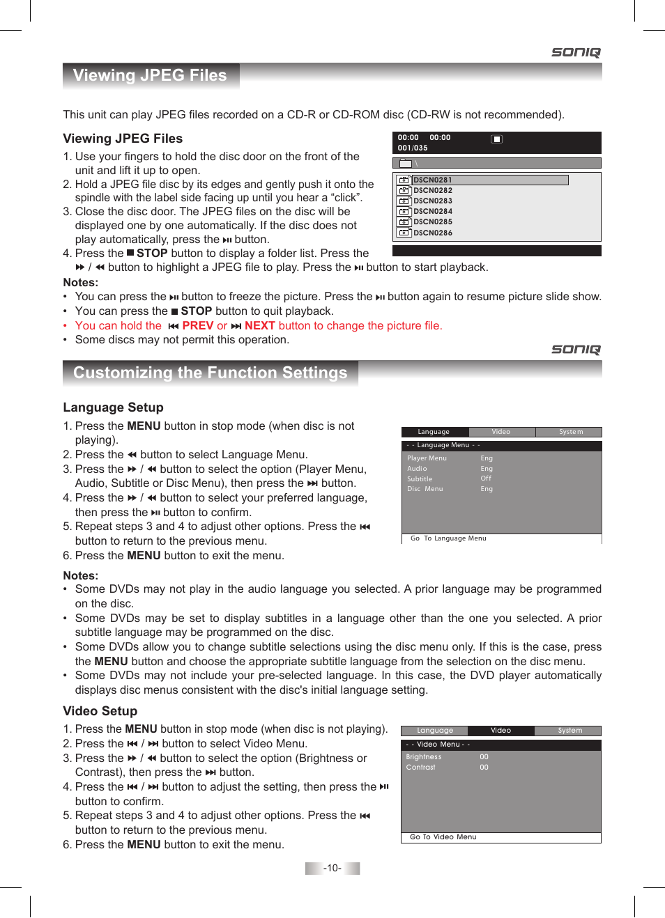 Language setup, Video setup, Viewing jpeg files | SONIQ PD70 User Manual | Page 10 / 13