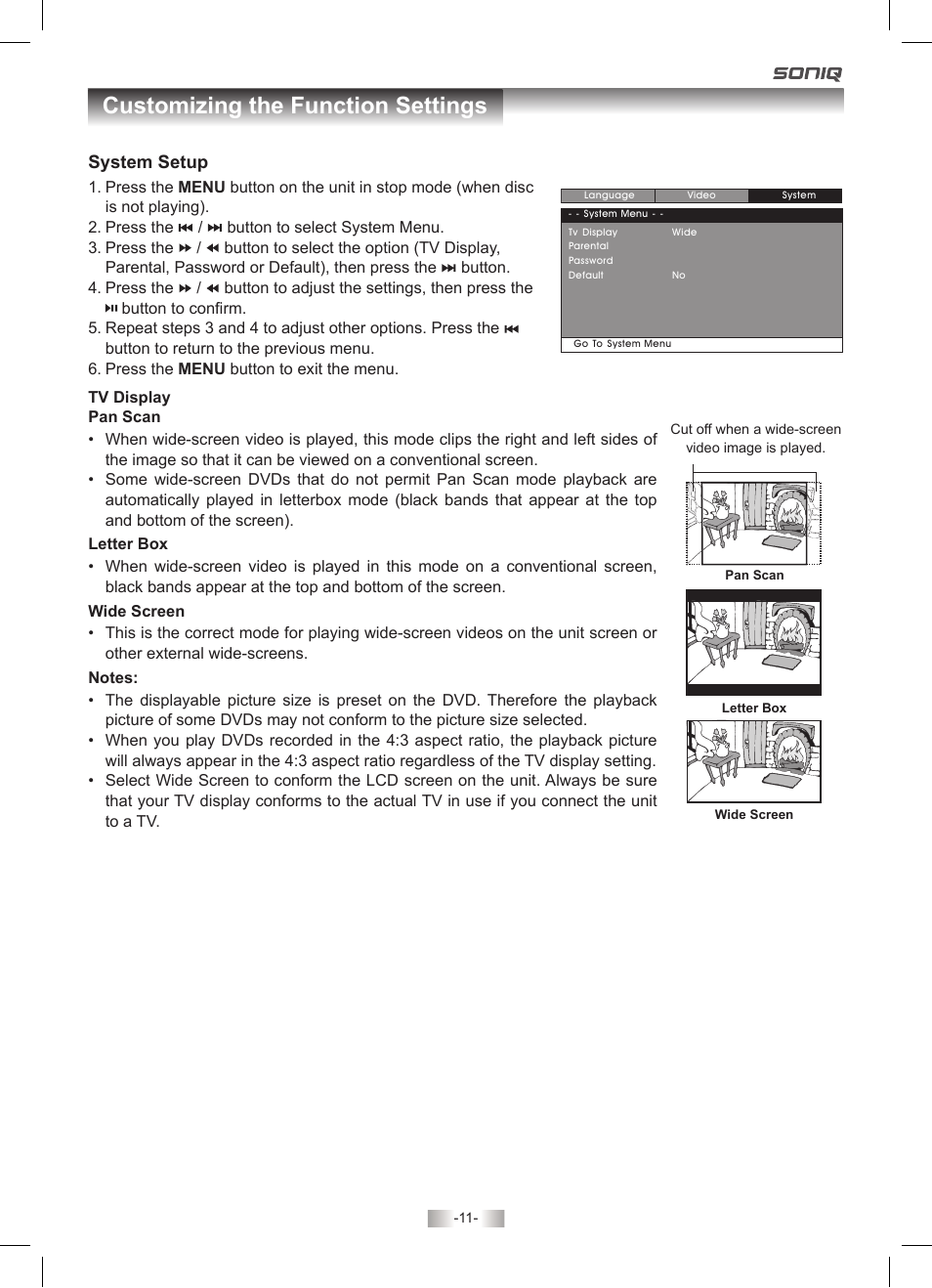 Customizing the function settings | SONIQ PD70 User Manual | Page 11 / 13