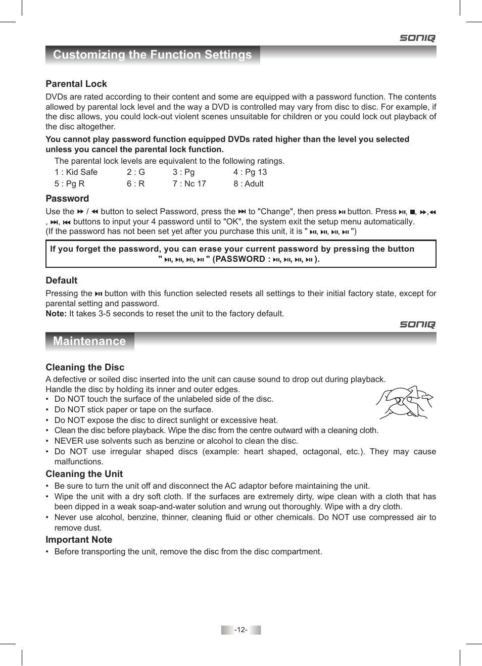 Customizing the function settings maintenance | SONIQ PD70 User Manual | Page 12 / 13