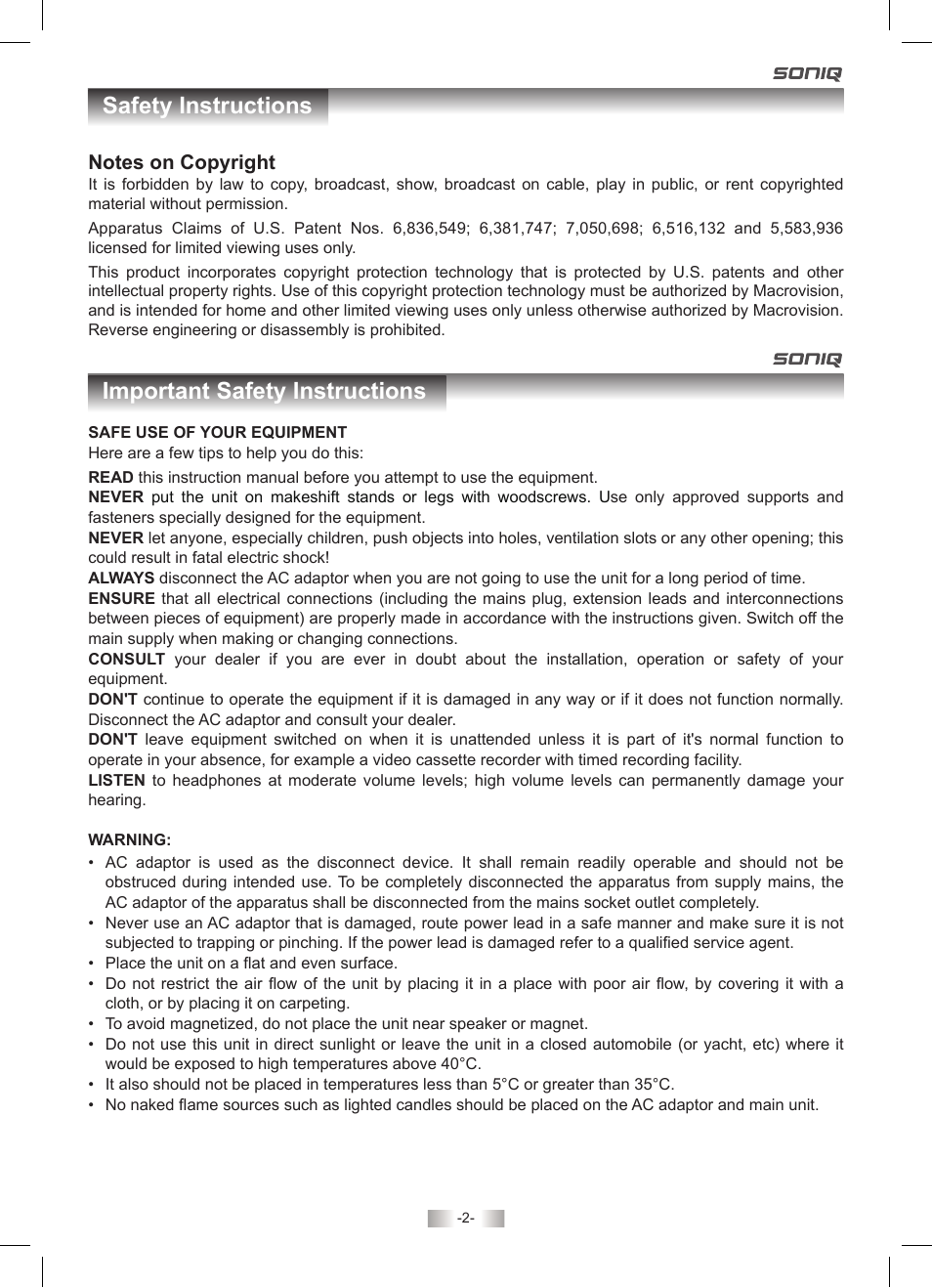 Important safety instructions safety instructions | SONIQ PD70 User Manual | Page 2 / 13