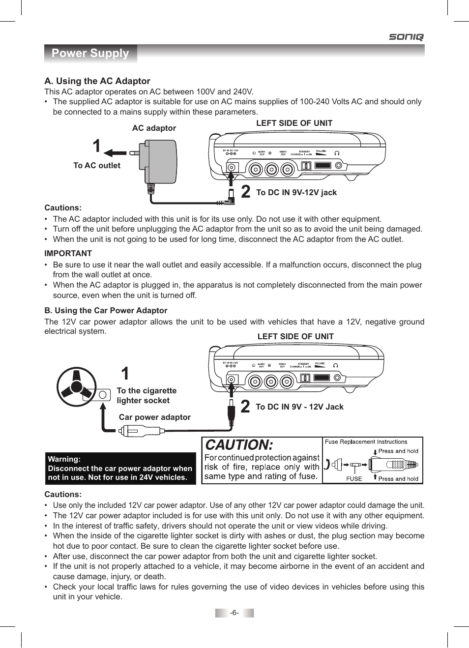 Power supply | SONIQ PD70 User Manual | Page 6 / 13