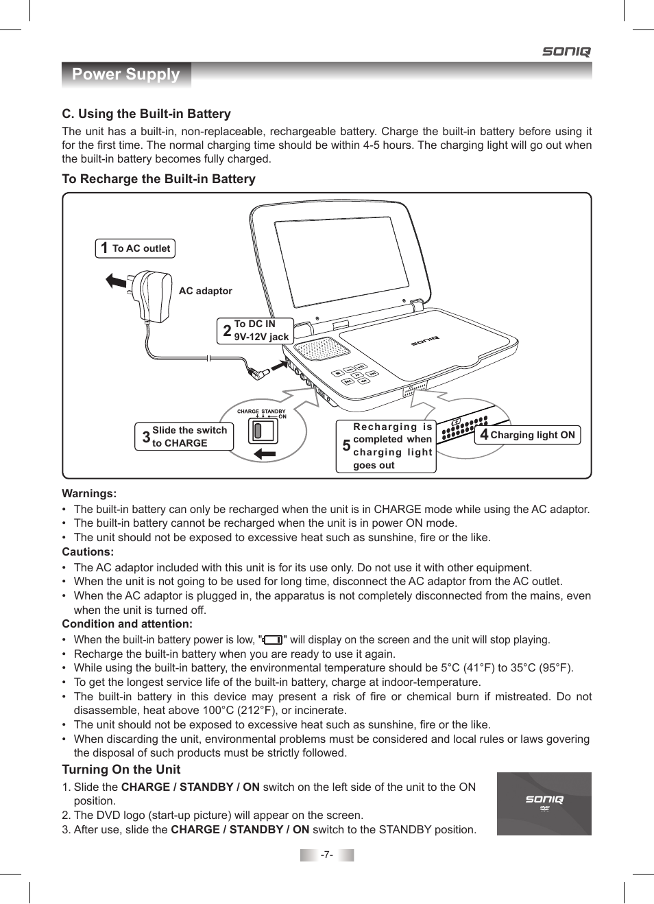 Power supply | SONIQ PD70 User Manual | Page 7 / 13
