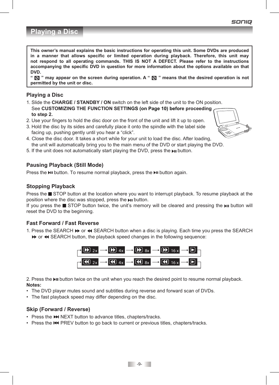Playing a disc | SONIQ PD70 User Manual | Page 9 / 13
