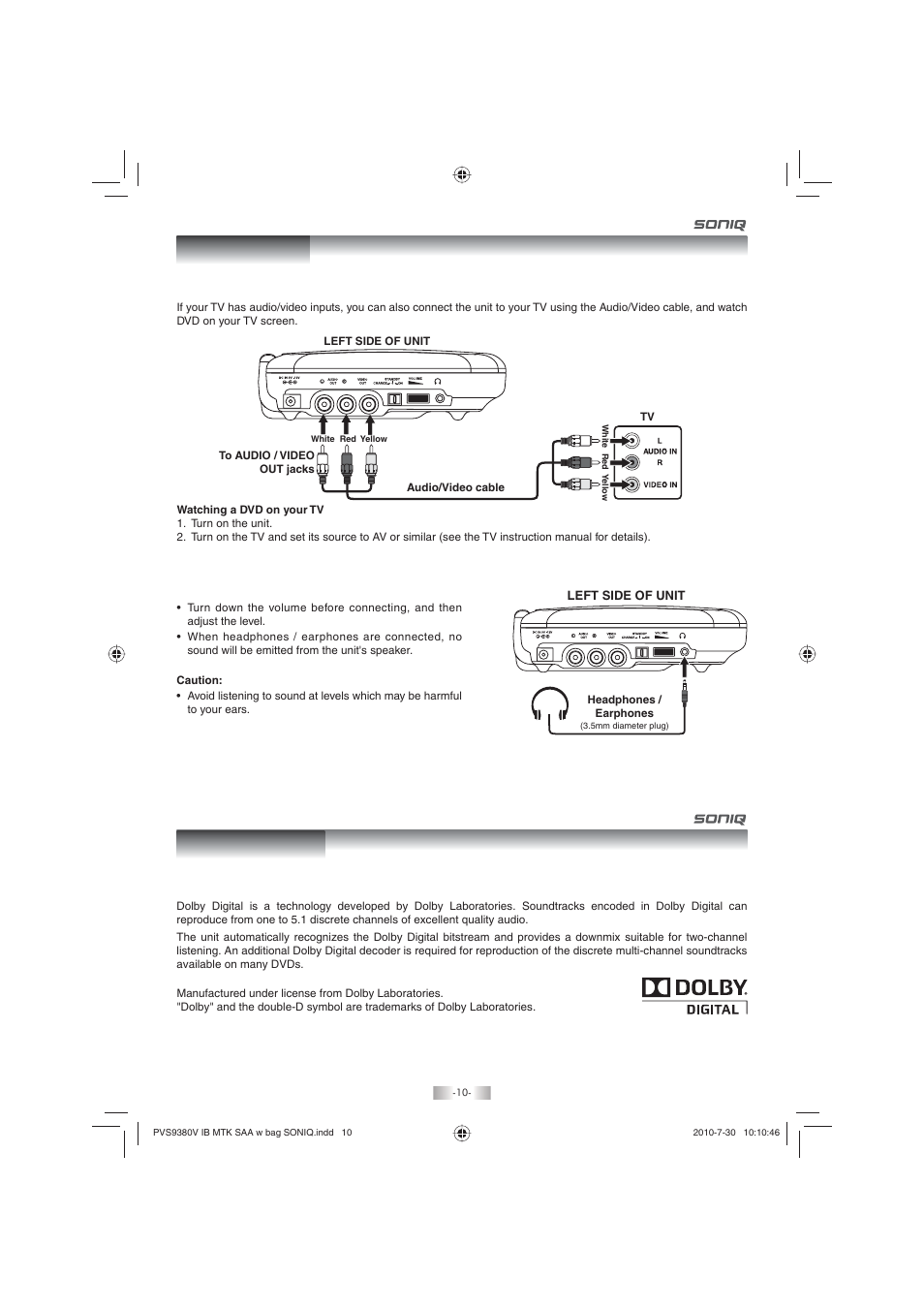 Connections sound system | SONIQ PD80 User Manual | Page 10 / 19