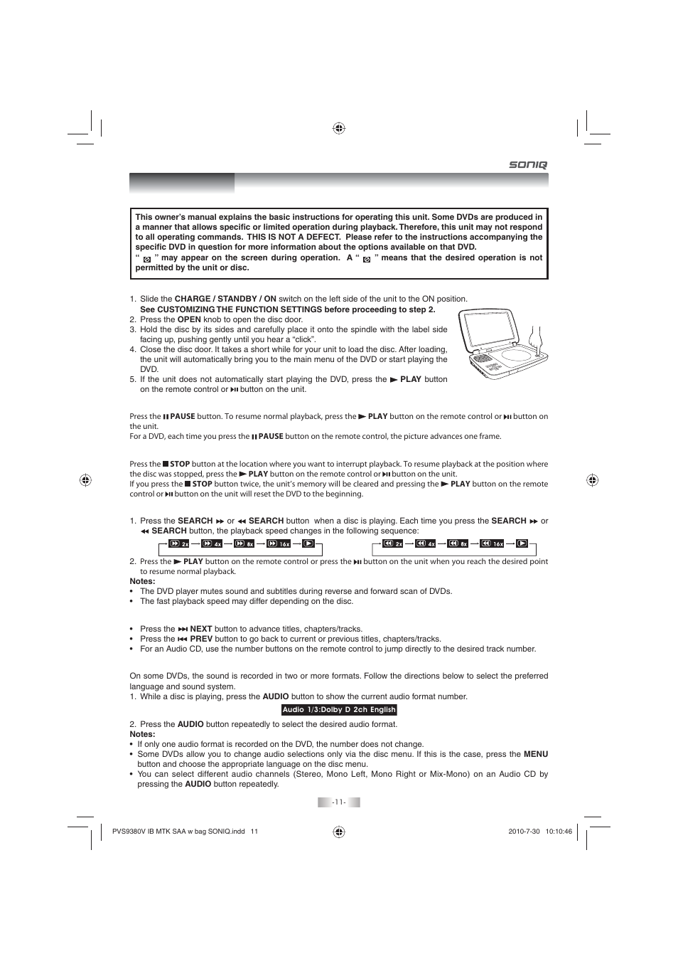 Playing a disc | SONIQ PD80 User Manual | Page 11 / 19