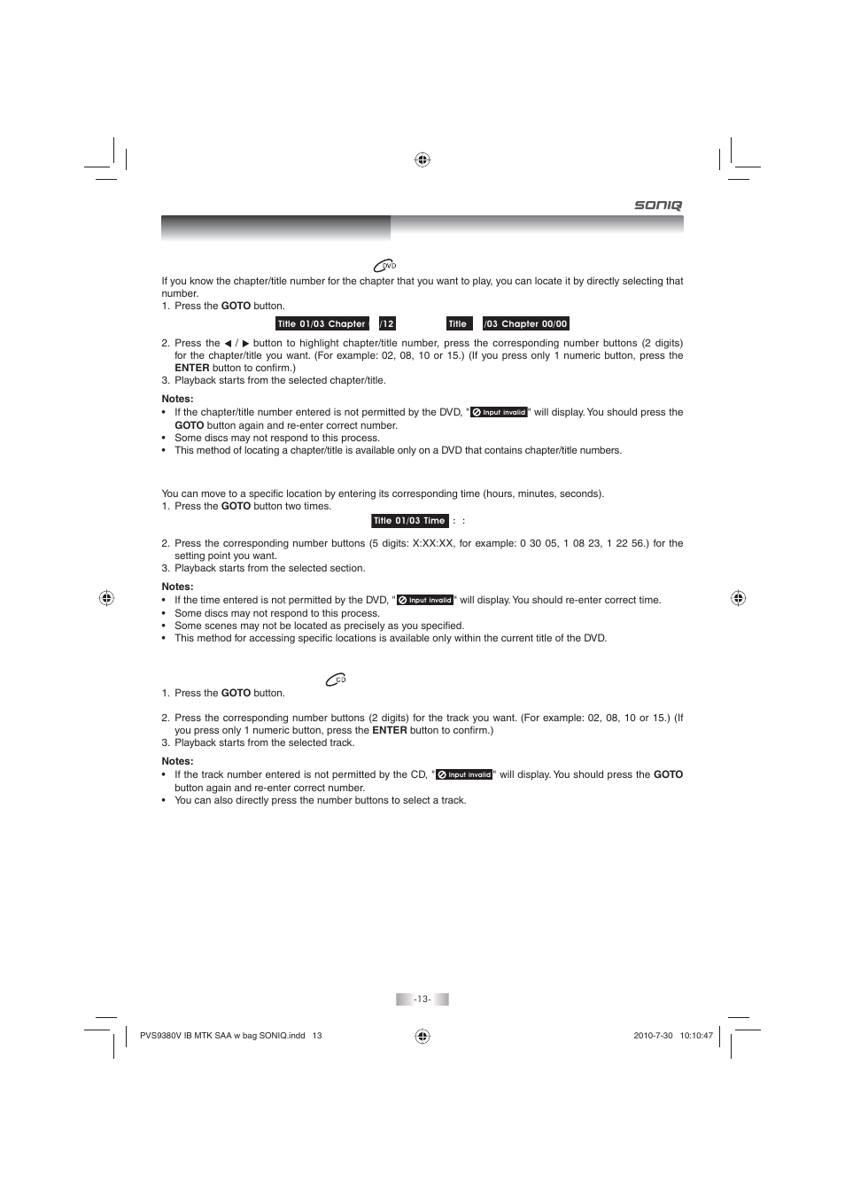 Selecting a specific track, Locating a specific chapter / title, Locating a specific time | SONIQ PD80 User Manual | Page 13 / 19