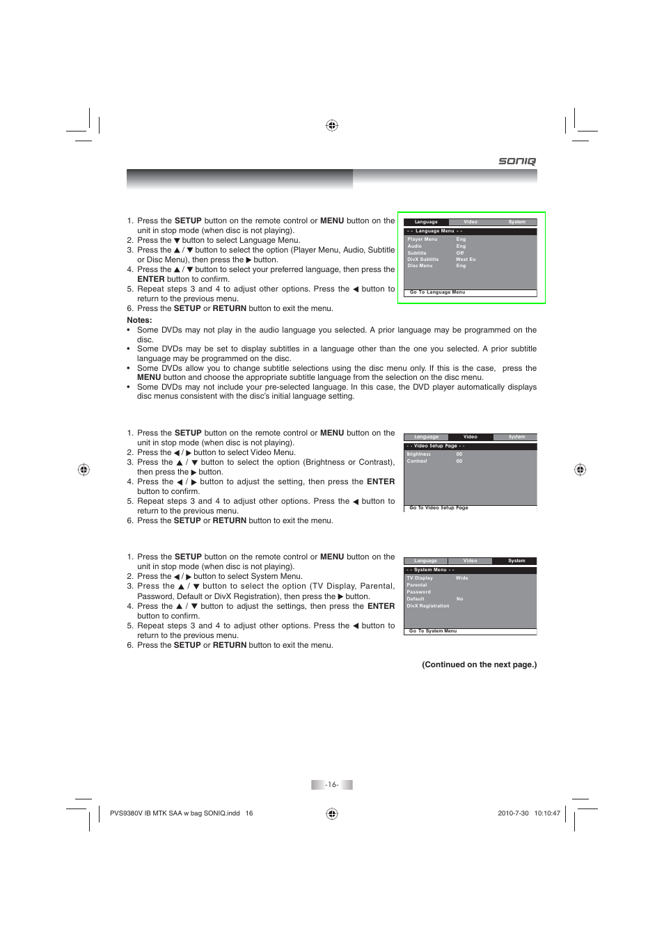 Customizing the function settings, Language setup, System setup | Video setup | SONIQ PD80 User Manual | Page 16 / 19