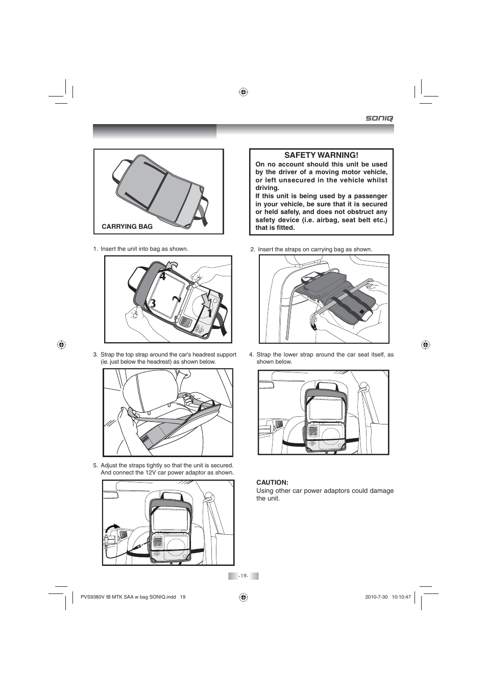 Carrying bag installation, Safety warning | SONIQ PD80 User Manual | Page 19 / 19