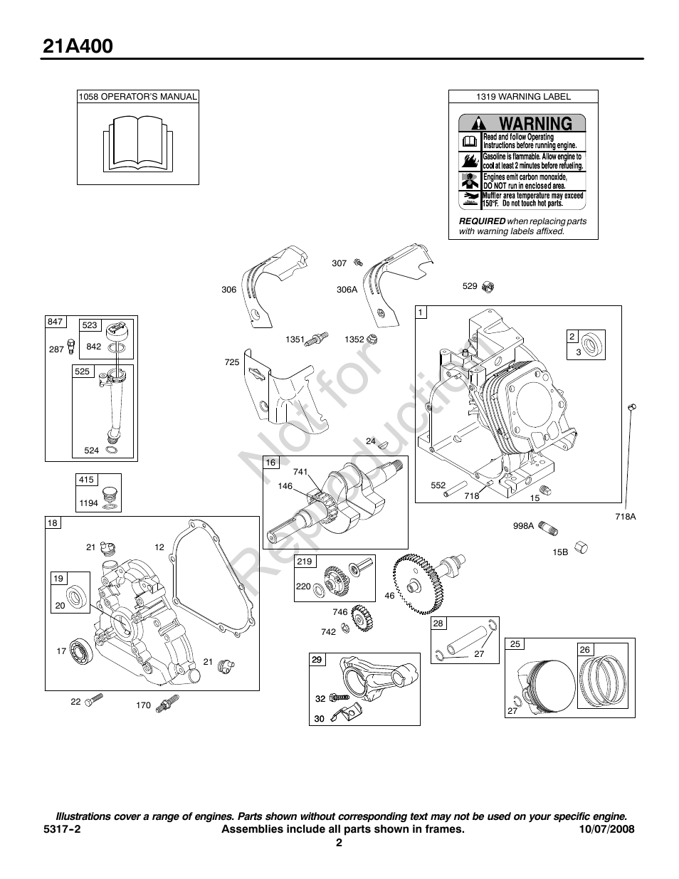 Not for reproduction | Briggs & Stratton 21A400 User Manual | Page 2 / 16