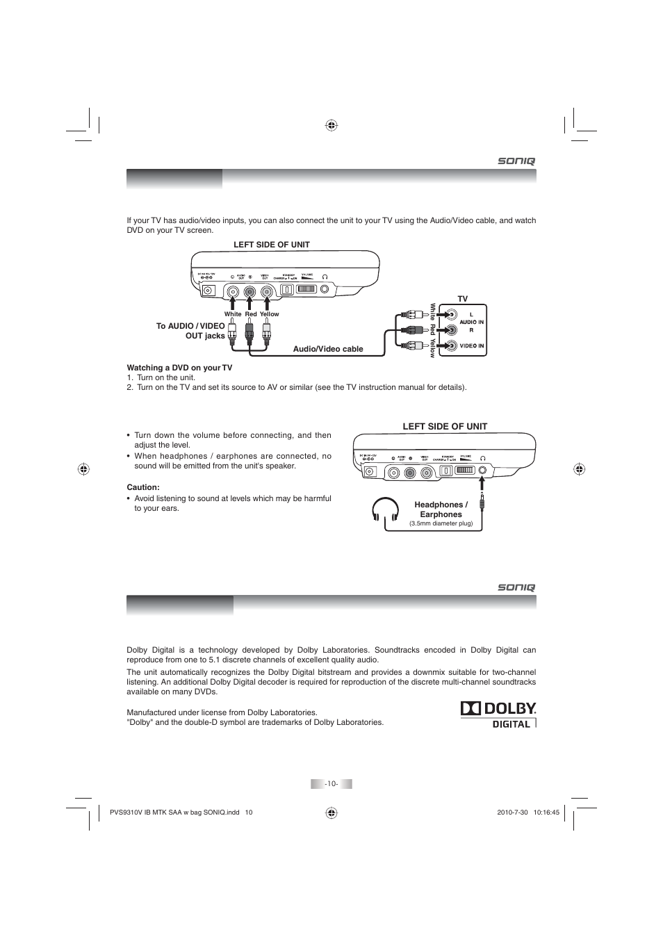 Connections sound system | SONIQ PD100 User Manual | Page 10 / 19