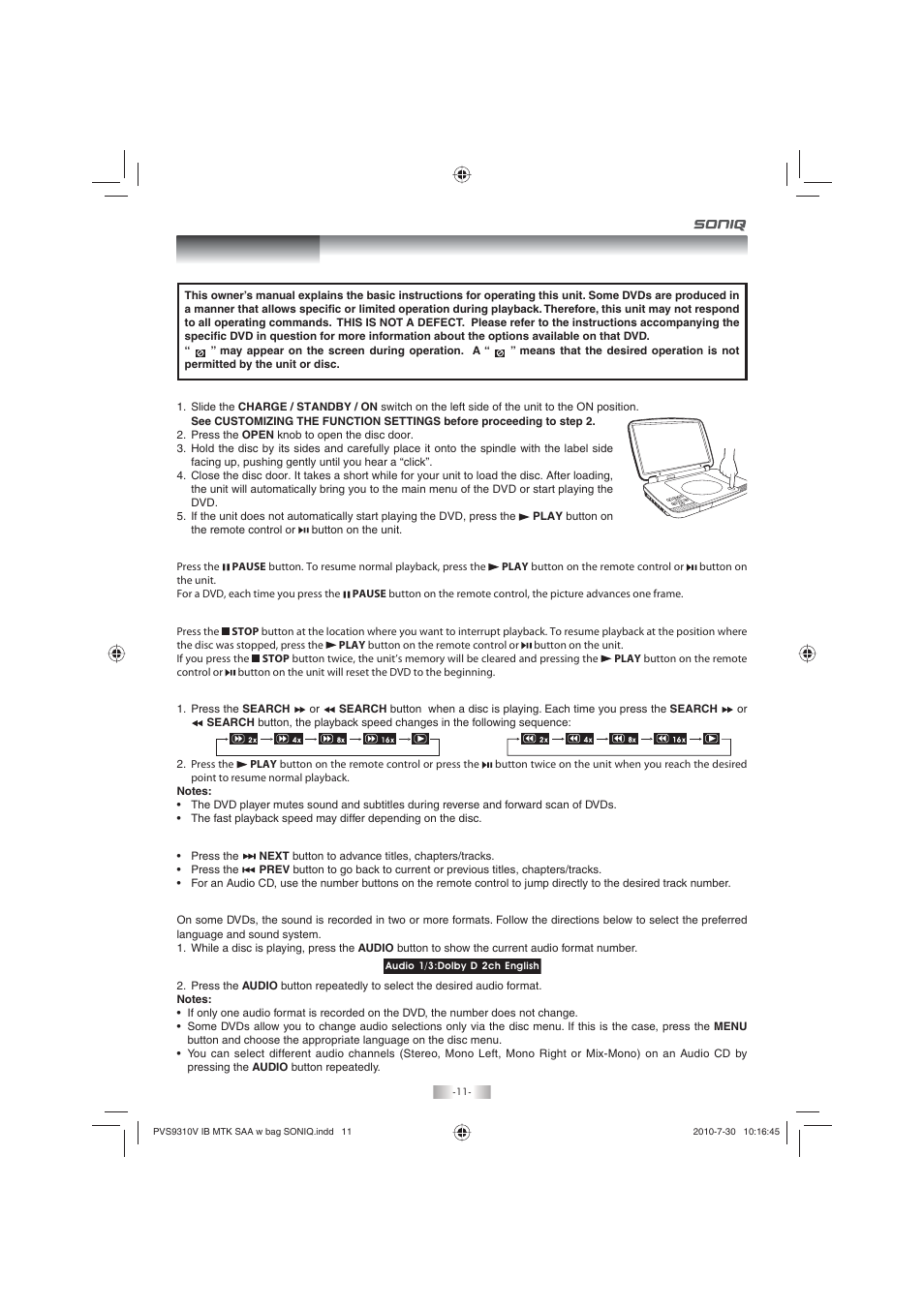 Playing a disc | SONIQ PD100 User Manual | Page 11 / 19