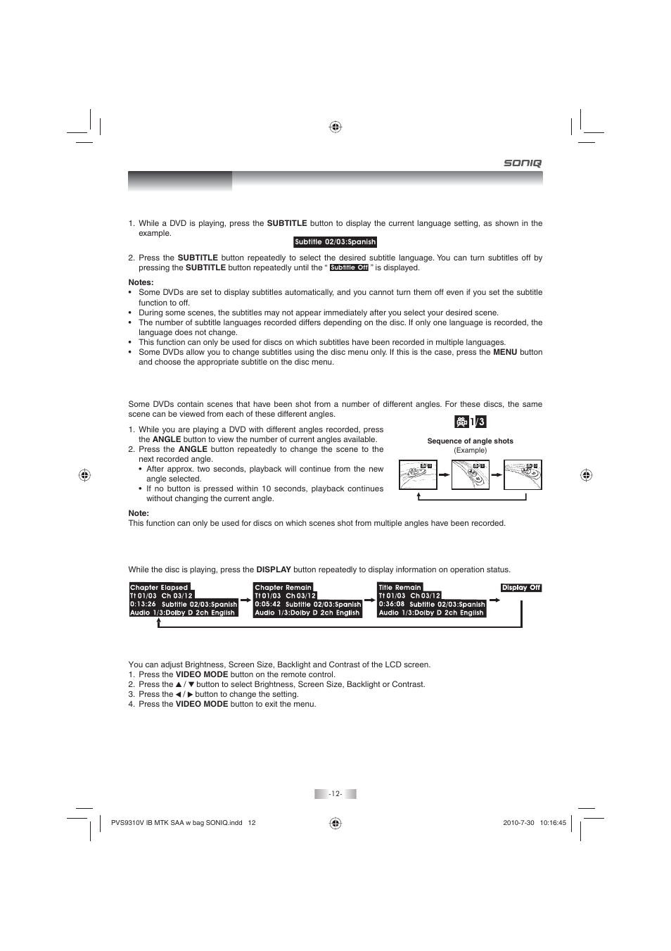 Playing a disc, Adjust the lcd screen, Display function | Angle selection, Subtitle selection | SONIQ PD100 User Manual | Page 12 / 19