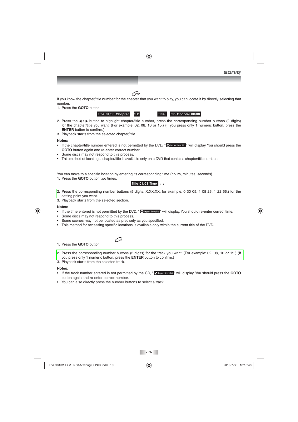 Selecting a specific track, Locating a specific chapter / title, Locating a specific time | SONIQ PD100 User Manual | Page 13 / 19
