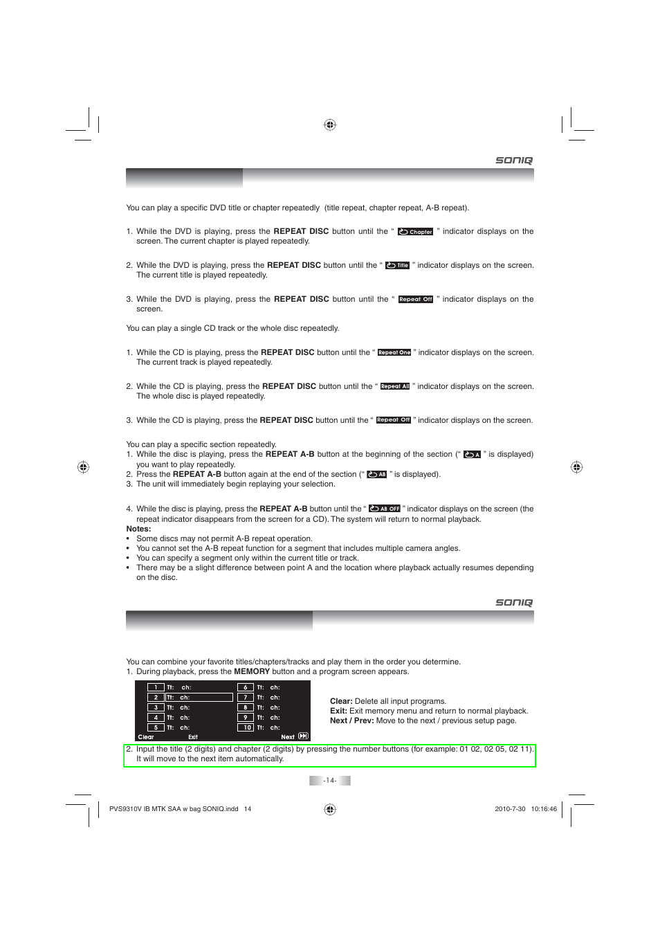 Repeat playback | SONIQ PD100 User Manual | Page 14 / 19