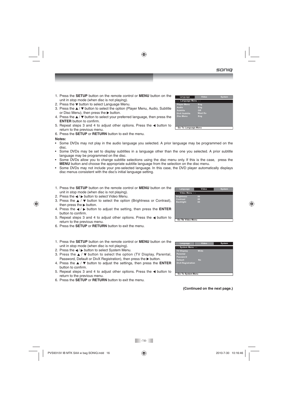 Customizing the function settings, Language setup, System setup | Video setup | SONIQ PD100 User Manual | Page 16 / 19