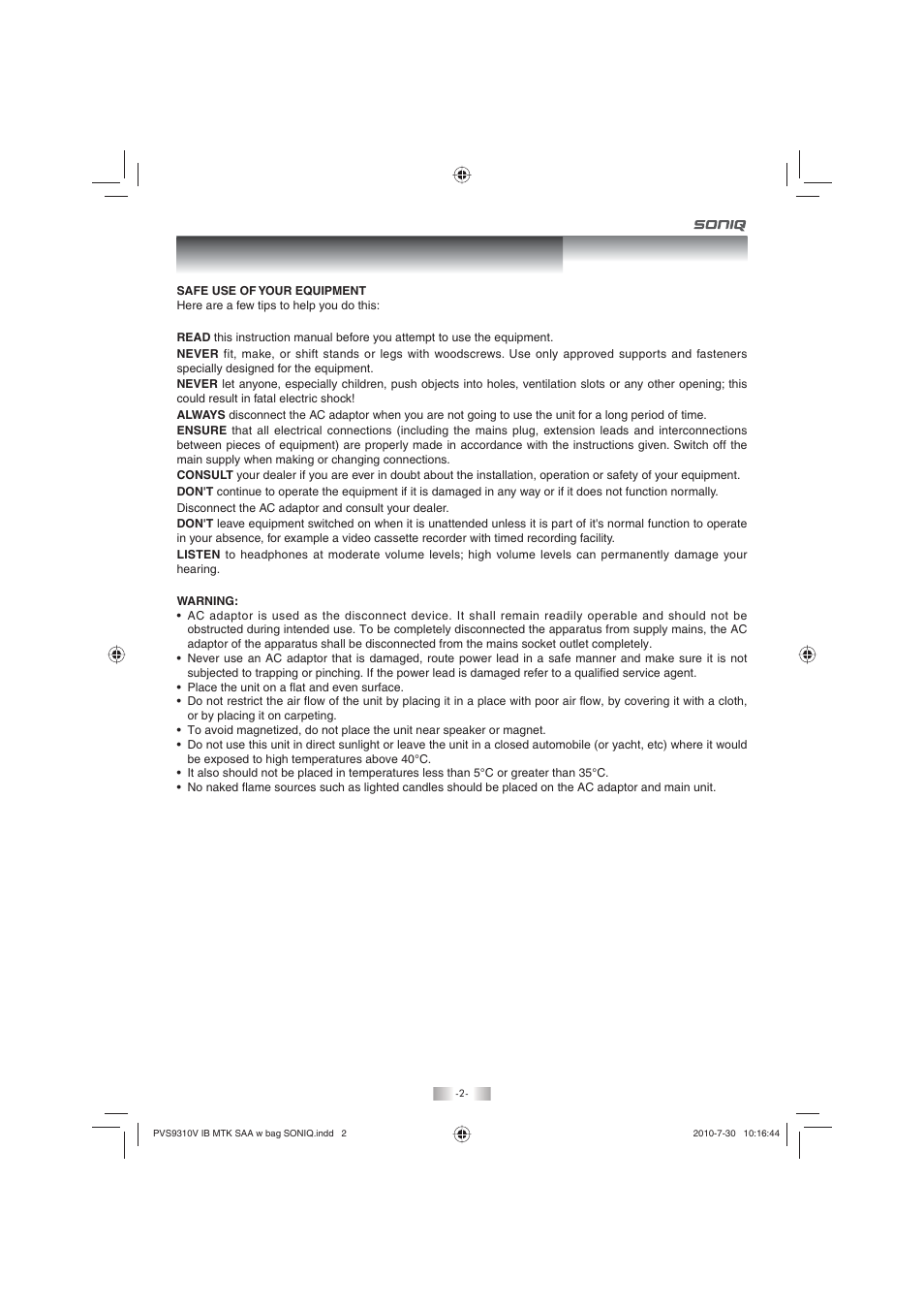Important safety instructions | SONIQ PD100 User Manual | Page 2 / 19