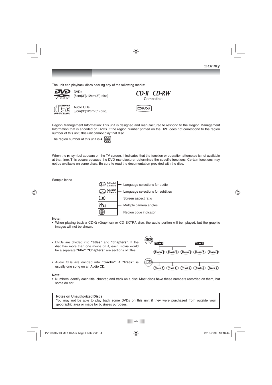 Disc formats | SONIQ PD100 User Manual | Page 4 / 19